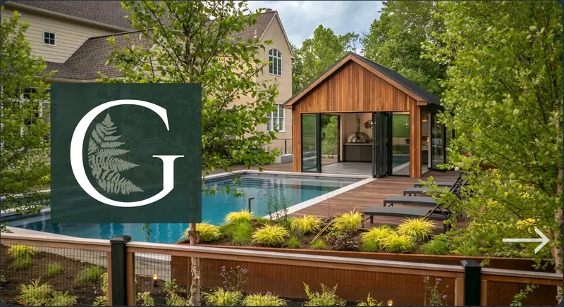 GreenRoots Design Firm logo over a pool house and landscaped backyard